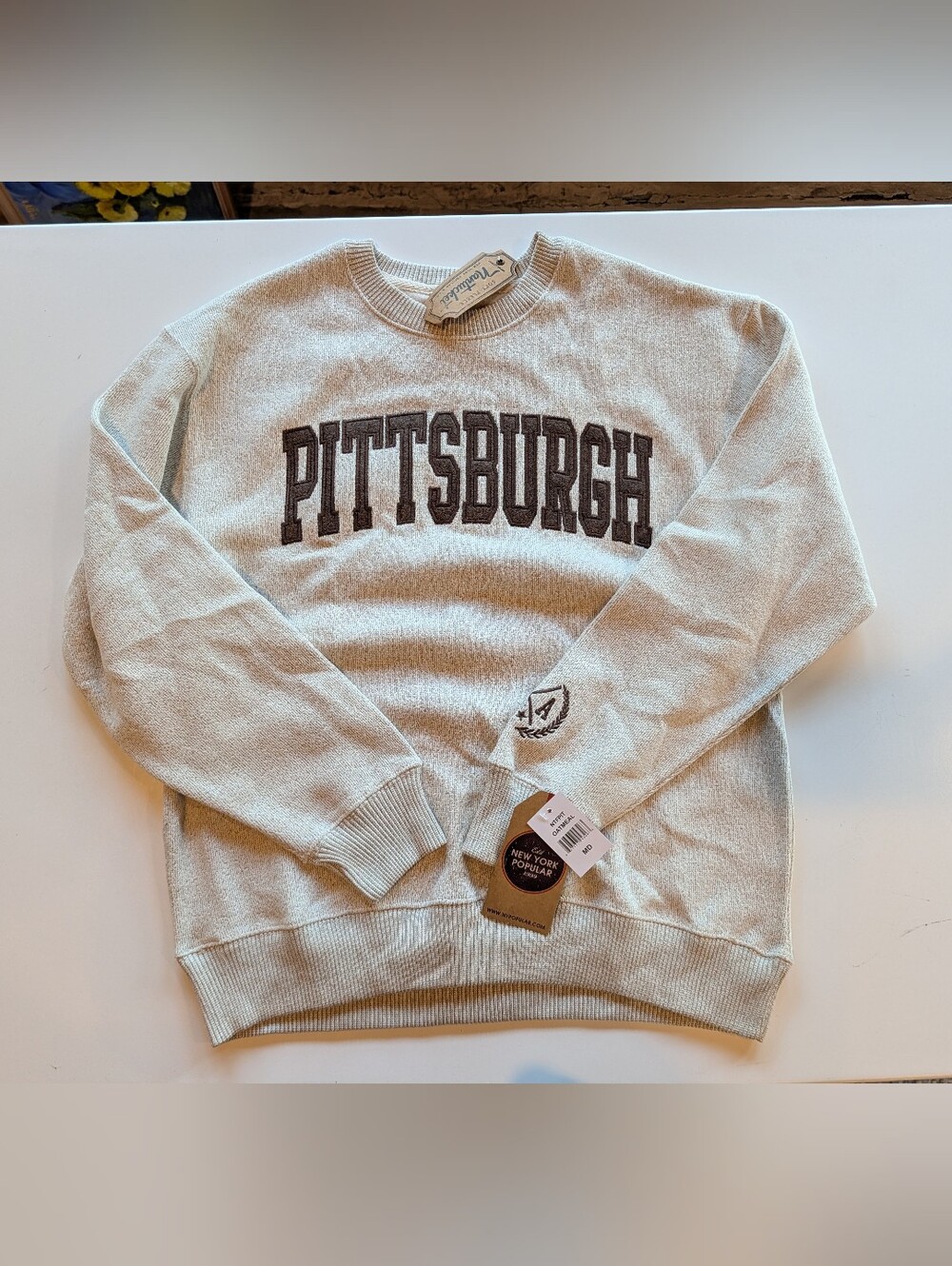 NY Popular Cotton PITTSBURGH Sweater Ivory Brown Embroidered New With Tags